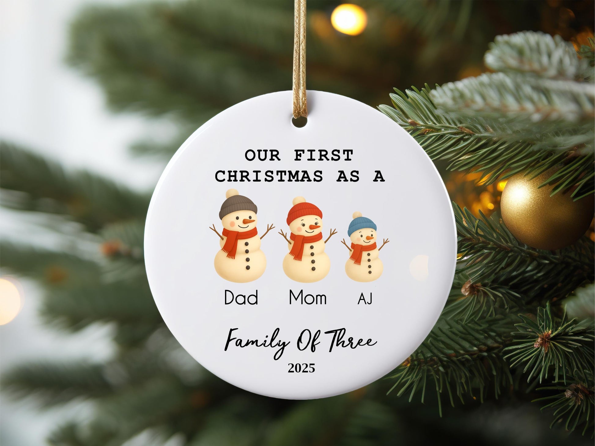 Personalized Family of Three Ceramic Christmas Ornament, Snowman Family Mug Design