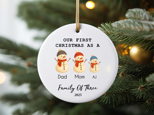 Personalized Family of Three Ceramic Christmas Ornament, Snowman Family Mug Design
