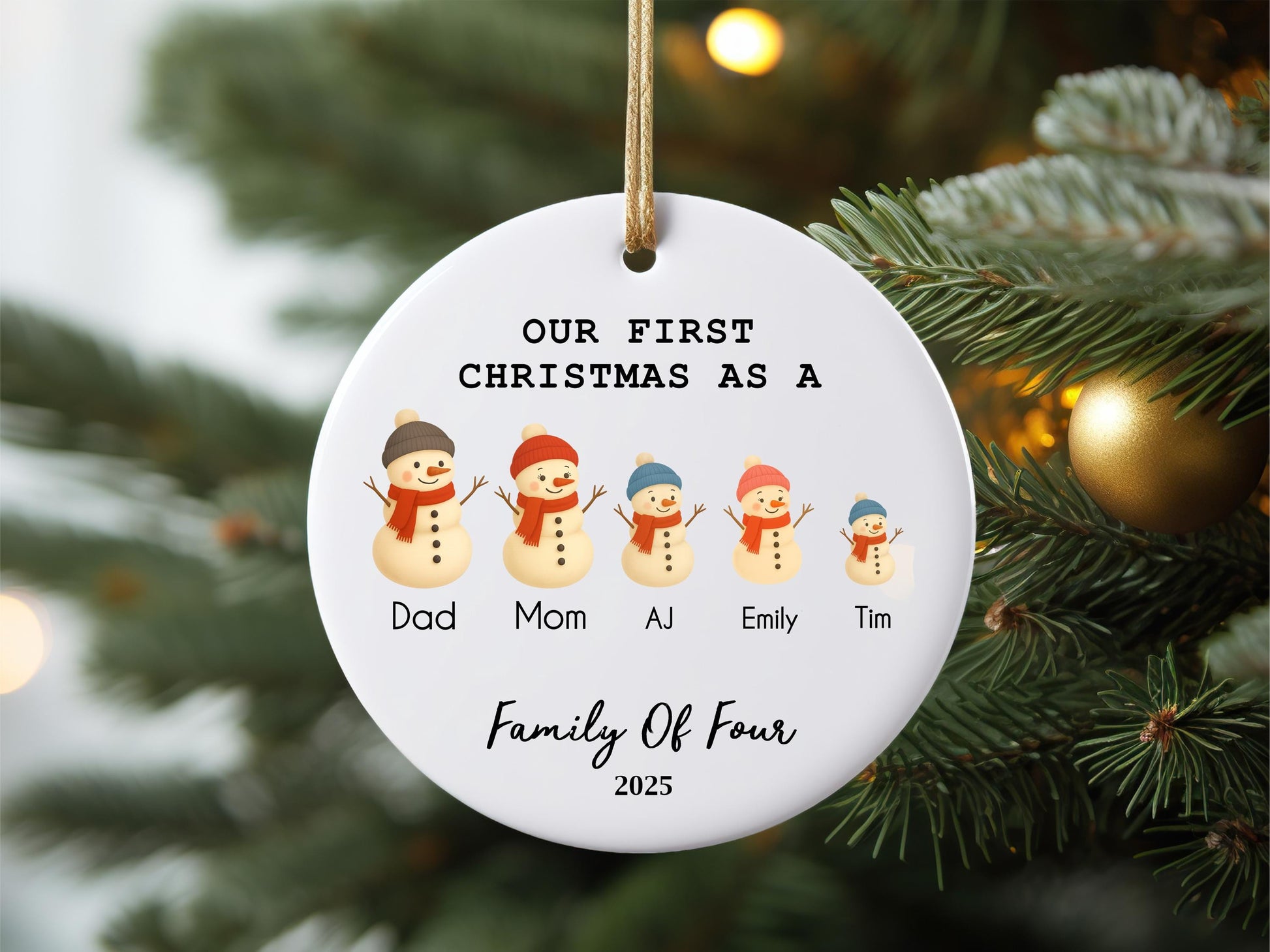 Personalized Family of Three Ceramic Christmas Ornament, Snowman Family Mug Design