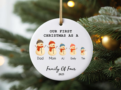 Personalized Family of Three Ceramic Christmas Ornament, Snowman Family Mug Design