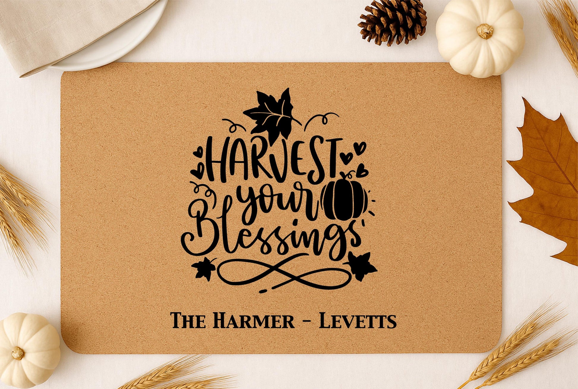 Personalized Thanksgiving Cork Placemat, Custom Family Name Table Mat | Thanksgiving Gift