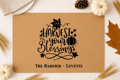 Personalized Thanksgiving Cork Placemat, Custom Family Name Table Mat | Thanksgiving Gift