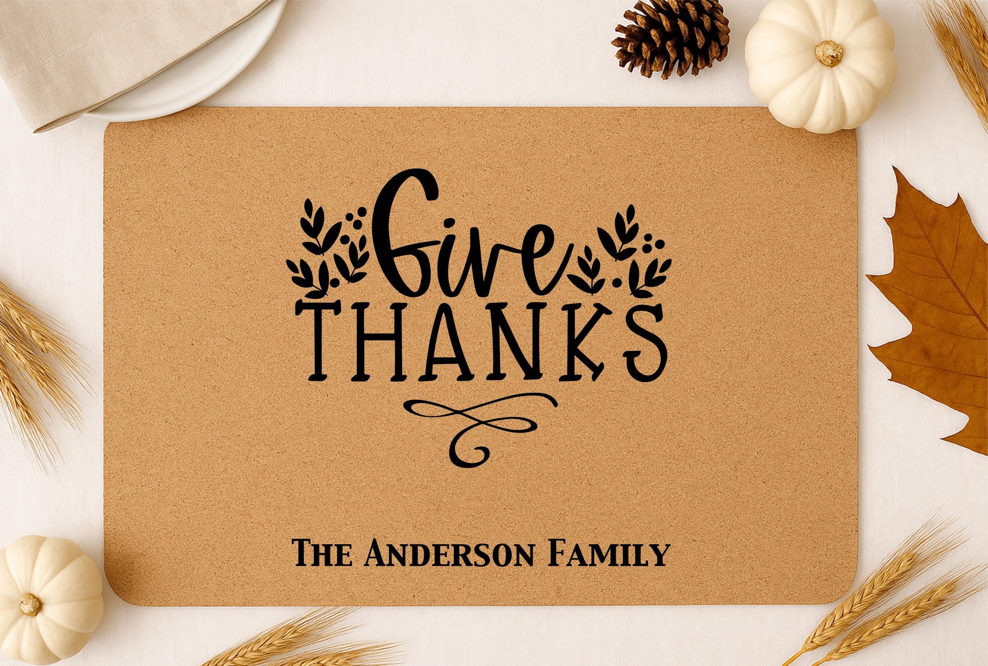 Personalized Thanksgiving Cork Placemat, Custom Family Name Table Mat | Thanksgiving Gift