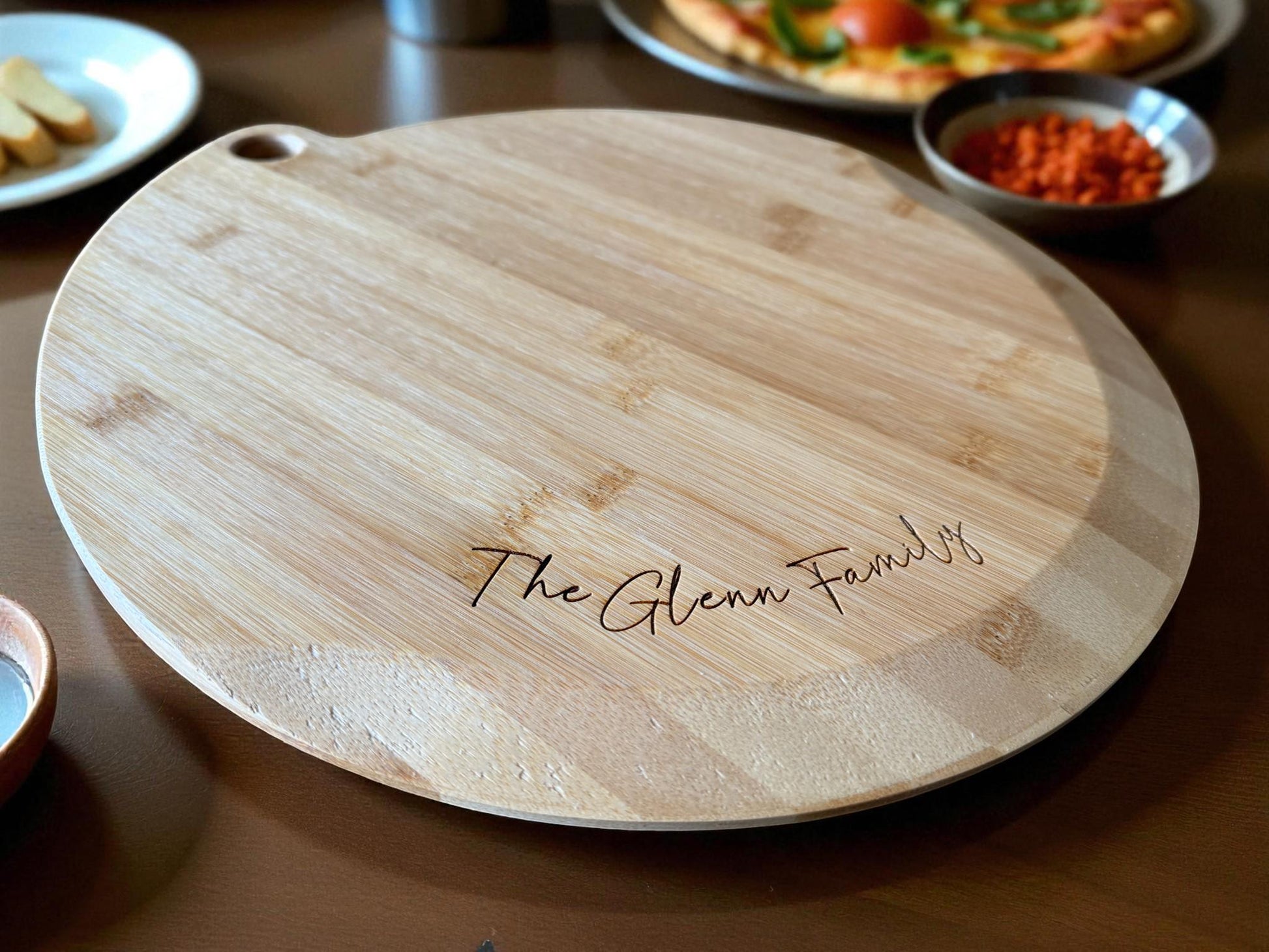 Personalized Bamboo Pizza Board | Custom Family Name Cutting Board | Laser Engraved Housewarming, Wedding, or Christmas Gift