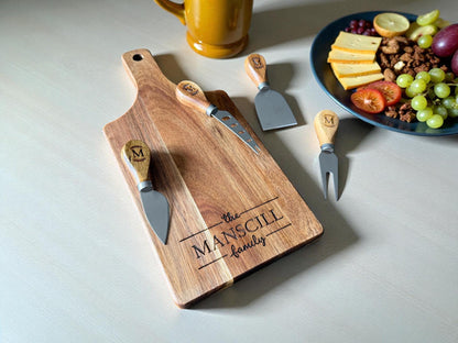Personalized Acacia Serving Board Gift Set — Laser Engraved Family Name | Cheese Board with 4 Tools & Gift Box