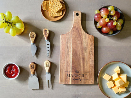 Personalized Acacia Serving Board Gift Set — Laser Engraved Family Name | Cheese Board with 4 Tools & Gift Box