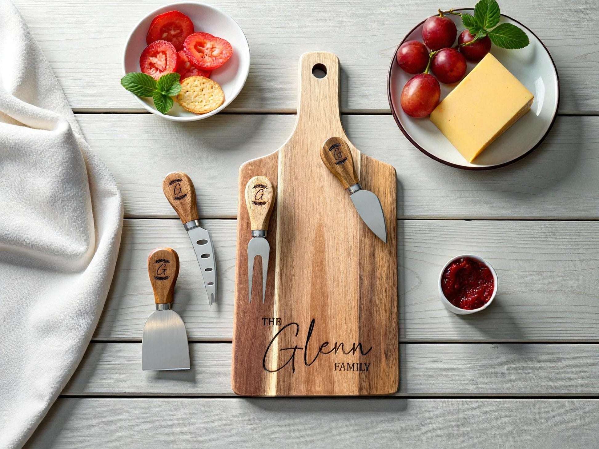 Personalized Acacia Serving Board Gift Set — Laser Engraved Family Name | Cheese Board with 4 Tools & Gift Box
