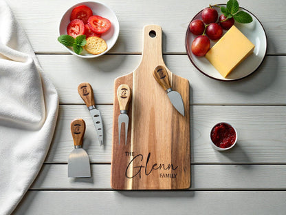 Personalized Acacia Serving Board Gift Set — Laser Engraved Family Name | Cheese Board with 4 Tools & Gift Box