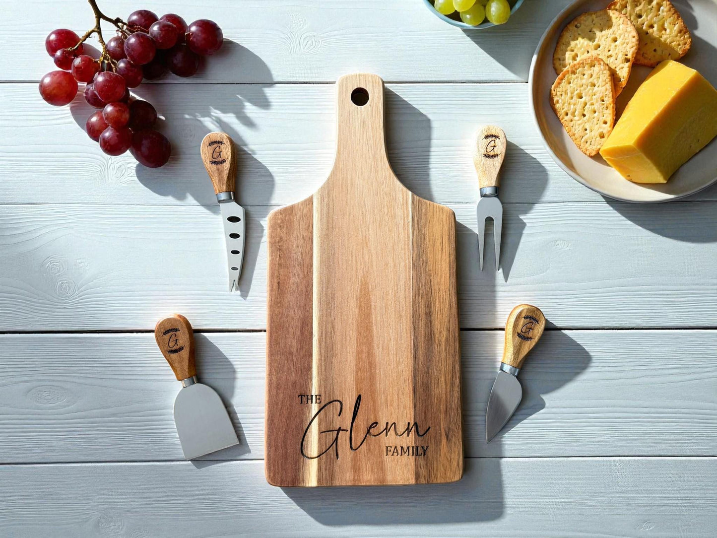 Personalized Acacia Serving Board Gift Set — Laser Engraved Family Name | Cheese Board with 4 Tools & Gift Box