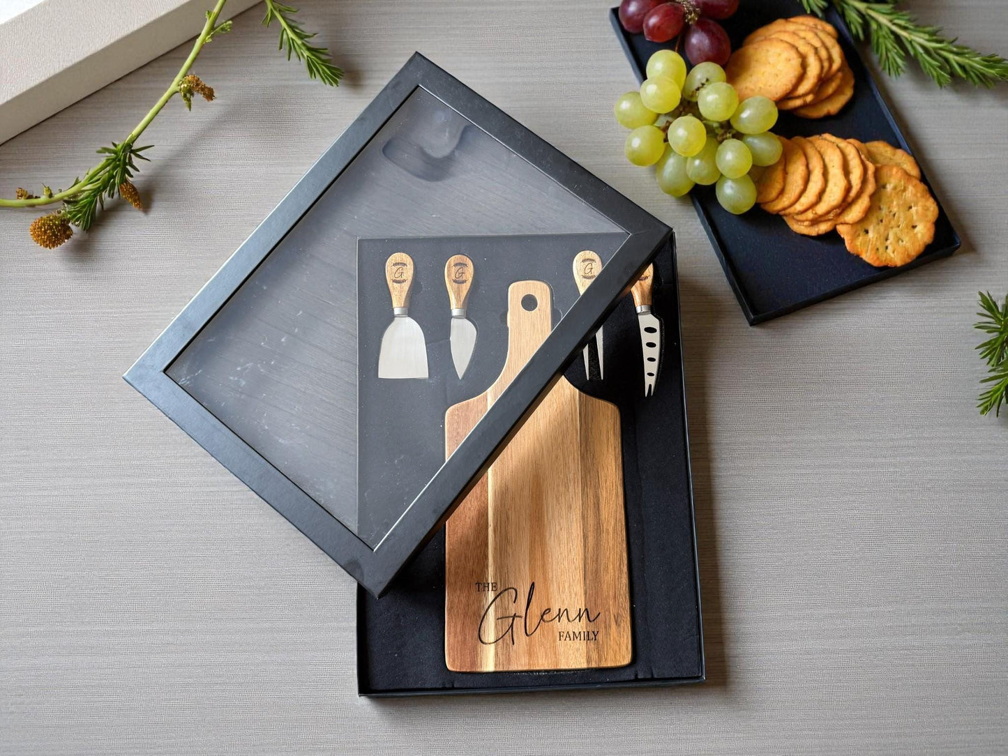 Personalized Acacia Serving Board Gift Set — Laser Engraved Family Name | Cheese Board with 4 Tools & Gift Box