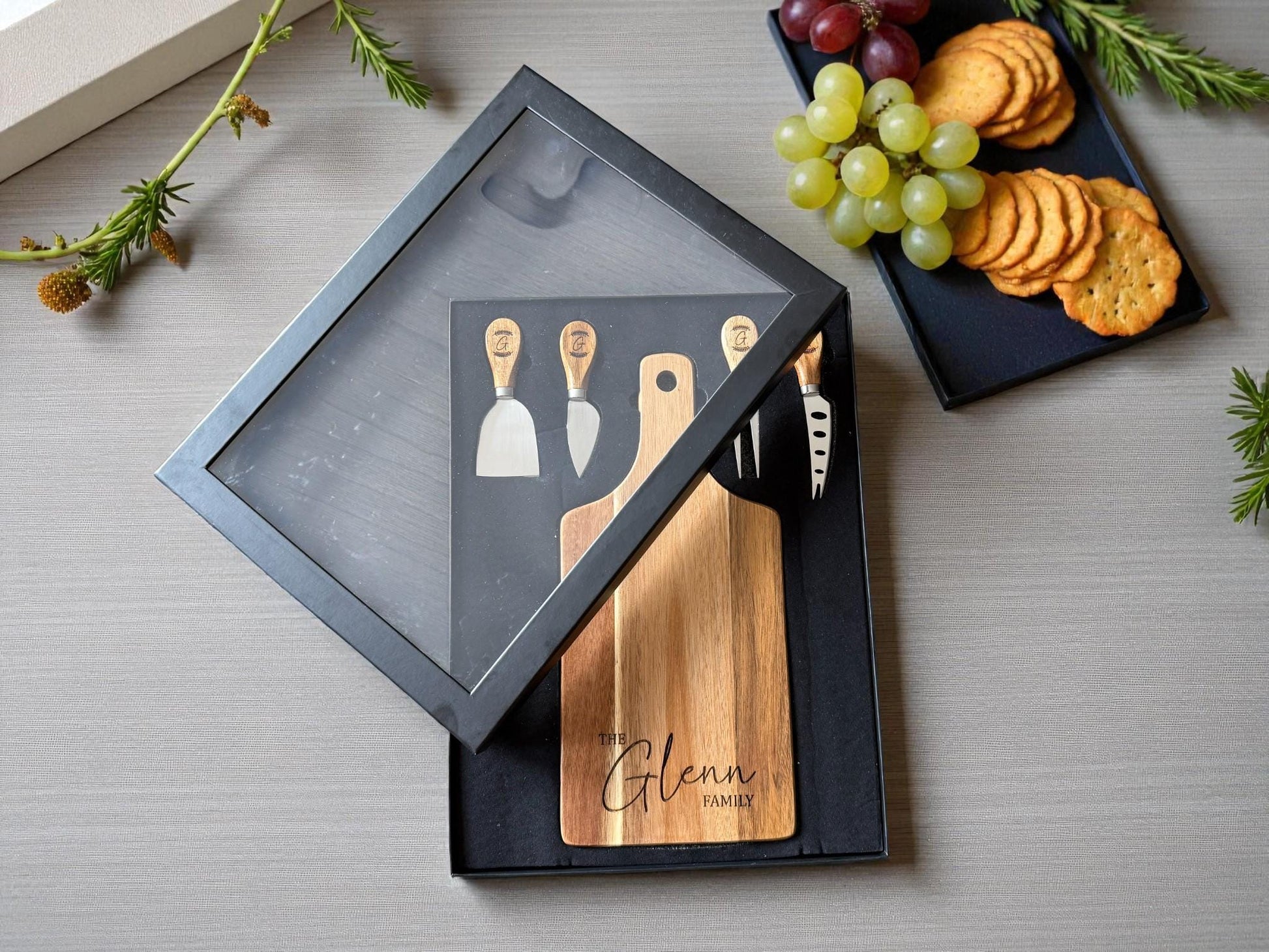 Personalized Acacia Serving Board Gift Set — Laser Engraved Family Name | Cheese Board with 4 Tools & Gift Box