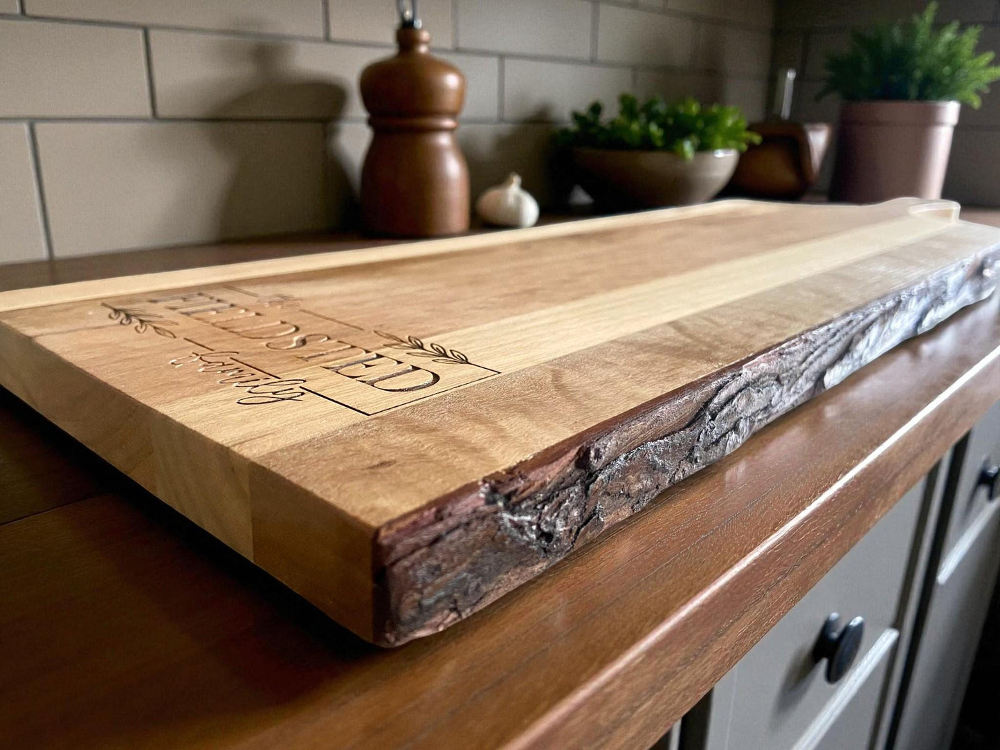 Personalized Live Edge Mango Wood Board | Custom Family Name Charcuterie & Serving Board | Rustic Wedding or Housewarming Gift