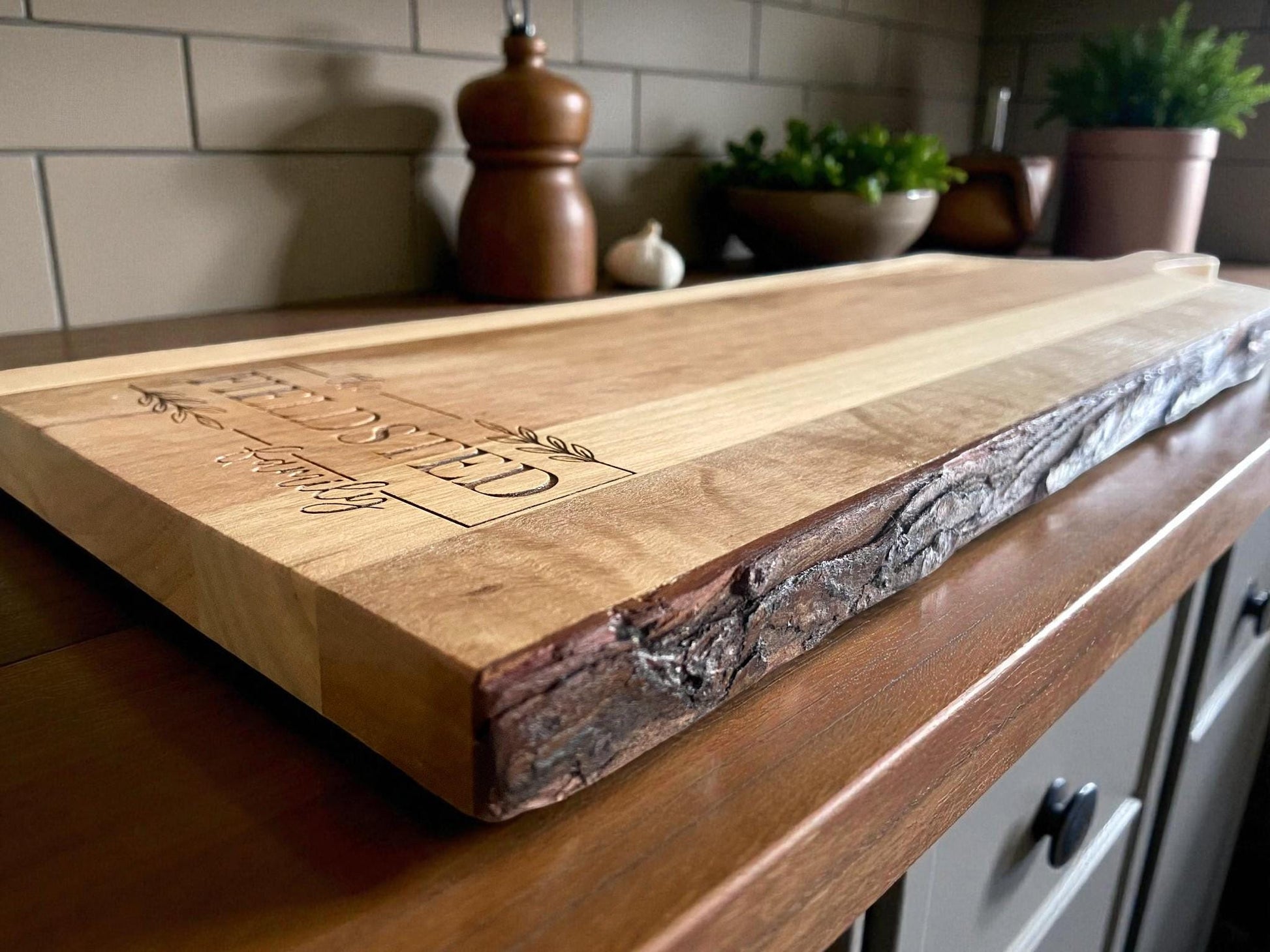 Personalized Live Edge Mango Wood Board | Custom Family Name Charcuterie & Serving Board | Rustic Wedding or Housewarming Gift