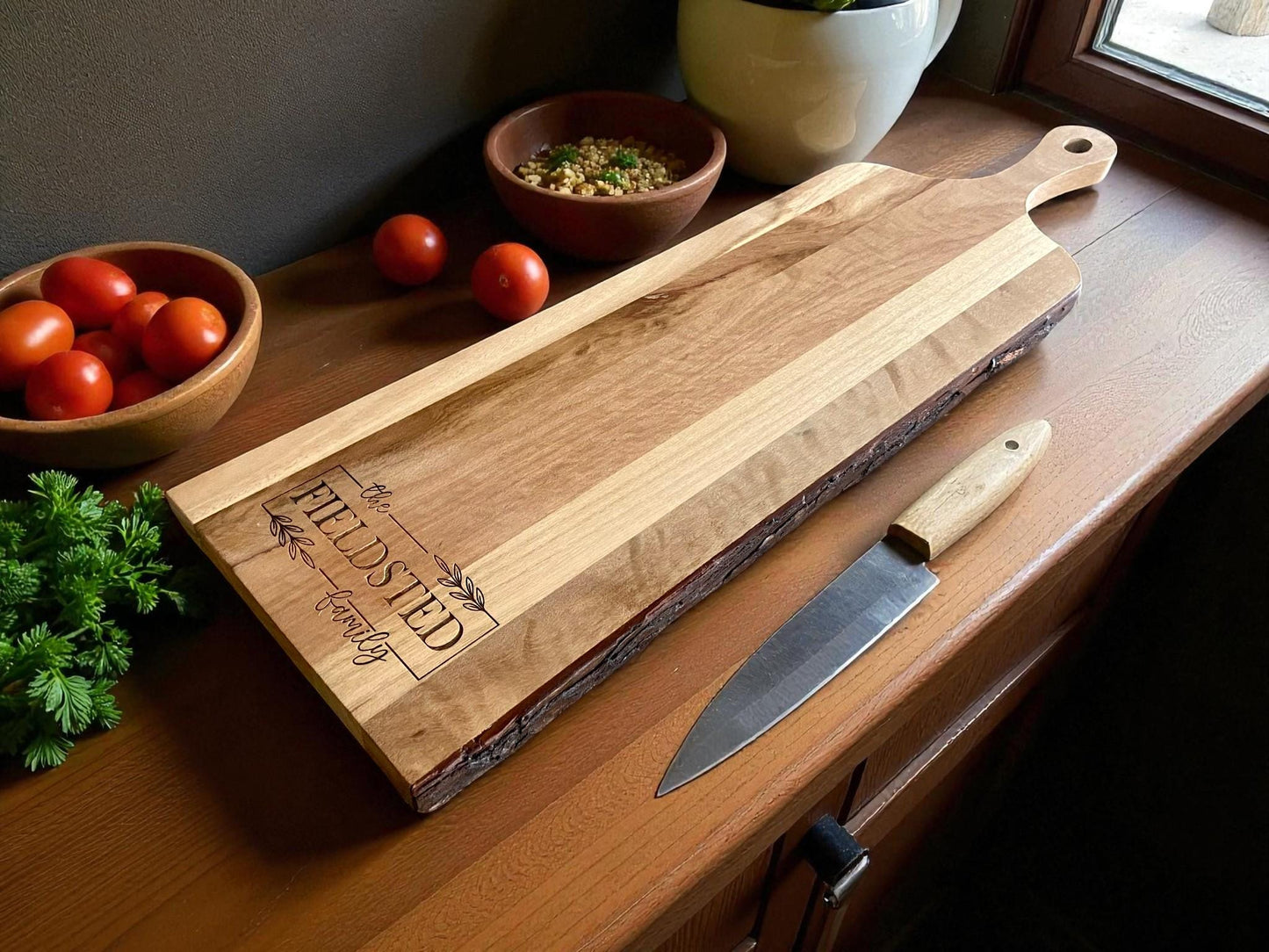 Personalized Live Edge Mango Wood Board | Custom Family Name Charcuterie & Serving Board | Rustic Wedding or Housewarming Gift