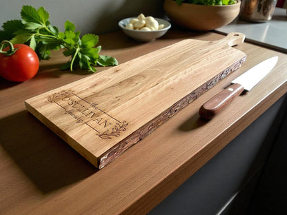 Personalized Live Edge Mango Wood Board | Custom Family Name Charcuterie & Serving Board | Rustic Wedding or Housewarming Gift