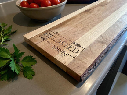Personalized Live Edge Mango Wood Board | Custom Family Name Charcuterie & Serving Board | Rustic Wedding or Housewarming Gift
