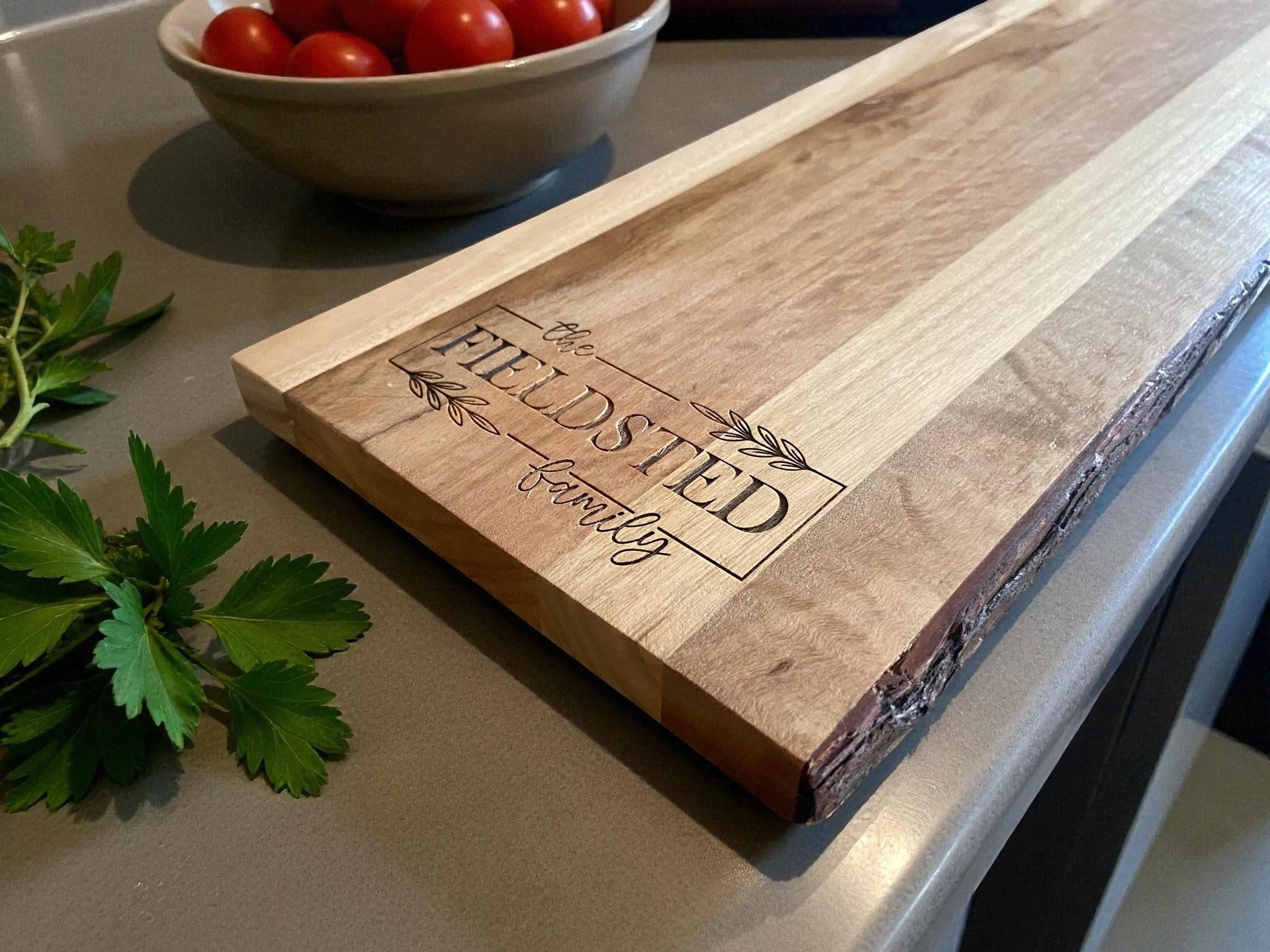 Personalized Live Edge Mango Wood Board | Custom Family Name Charcuterie & Serving Board | Rustic Wedding or Housewarming Gift
