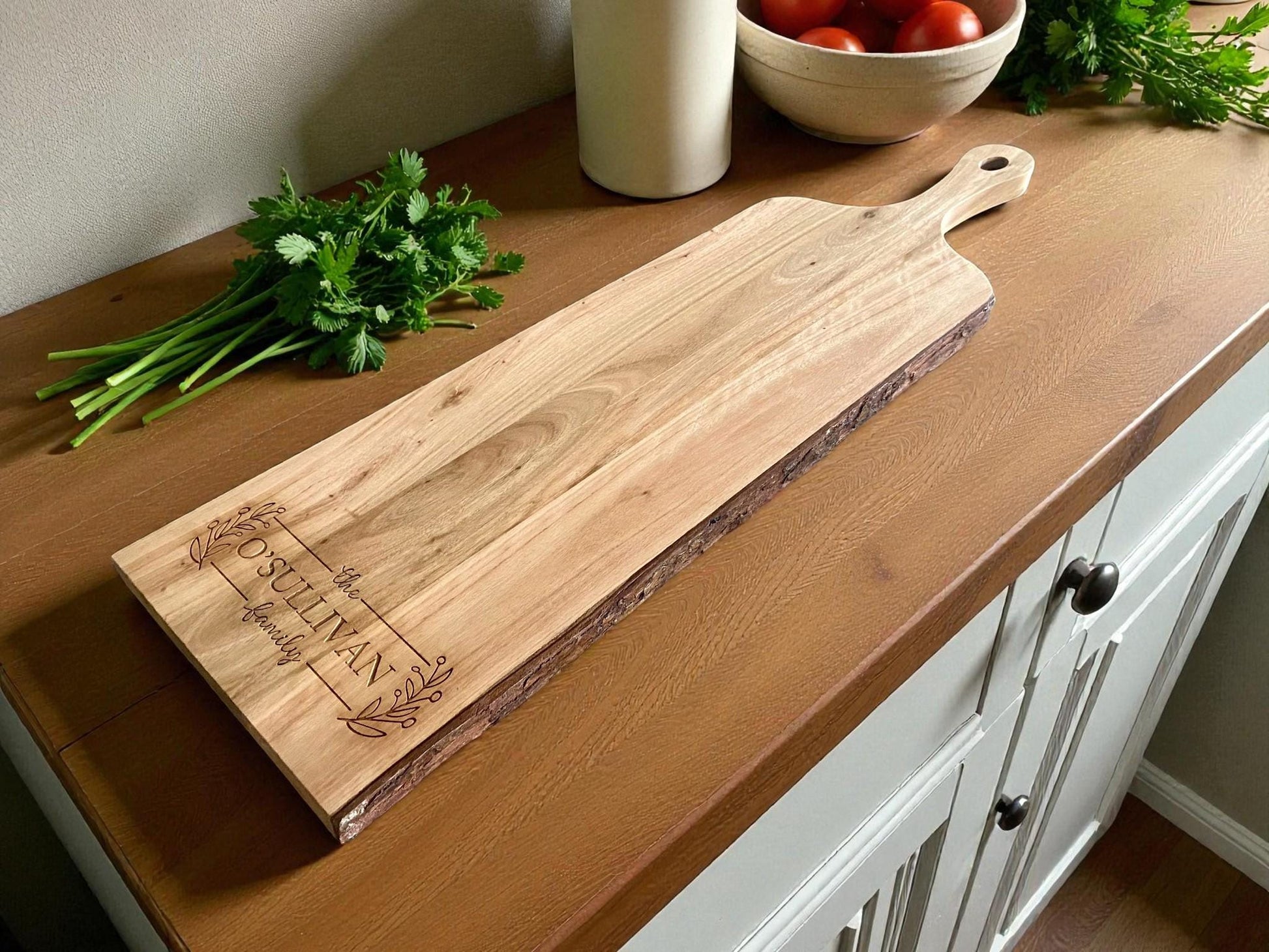 Personalized Live Edge Mango Wood Board | Custom Family Name Charcuterie & Serving Board | Rustic Wedding or Housewarming Gift