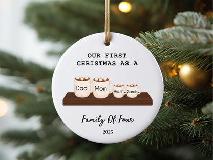 Personalized Family Christmas Ornament, First Christmas Keepsake, Hot Chocolate Mugs