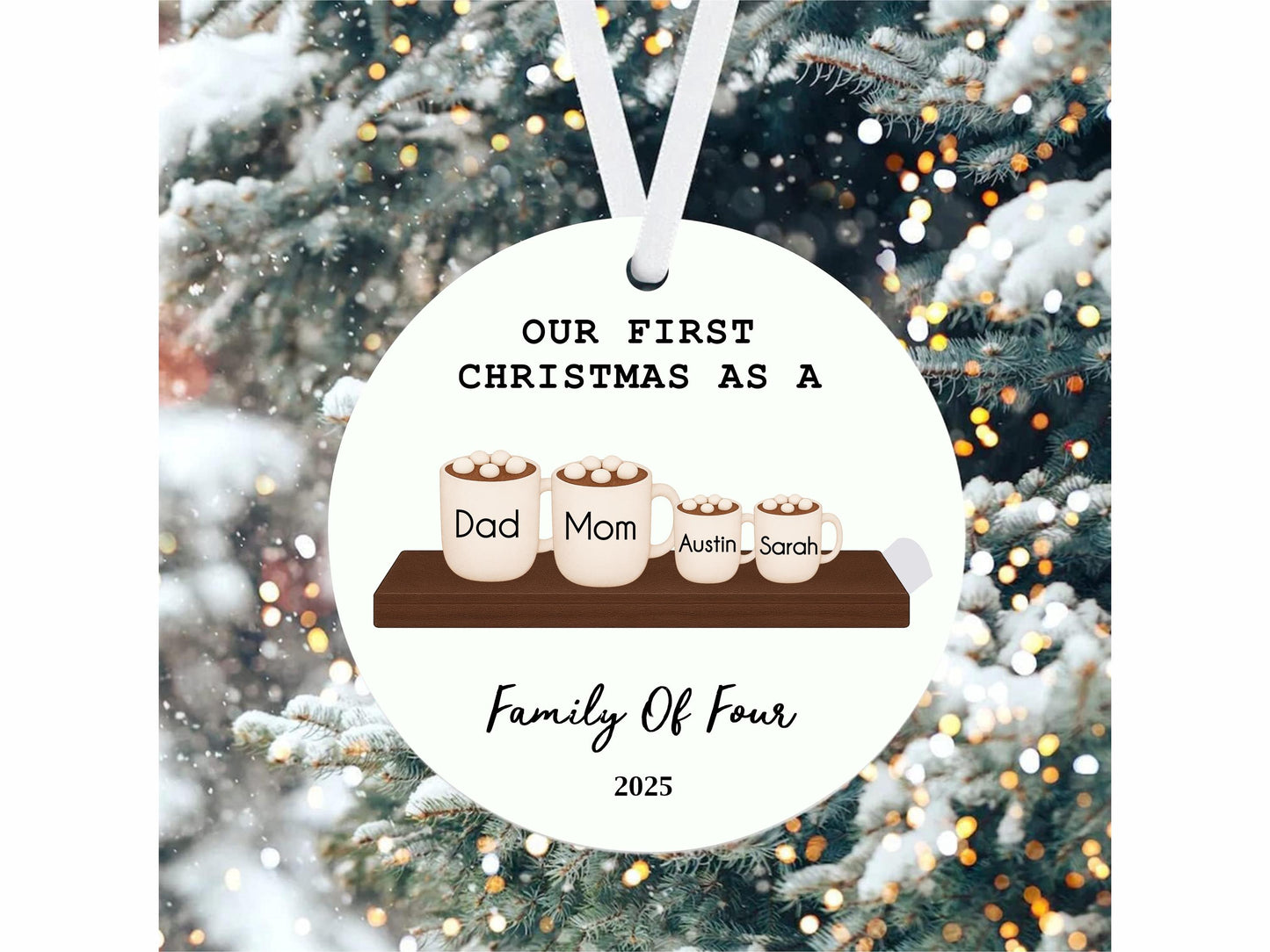 Personalized Family Christmas Ornament, First Christmas Keepsake, Hot Chocolate Mugs