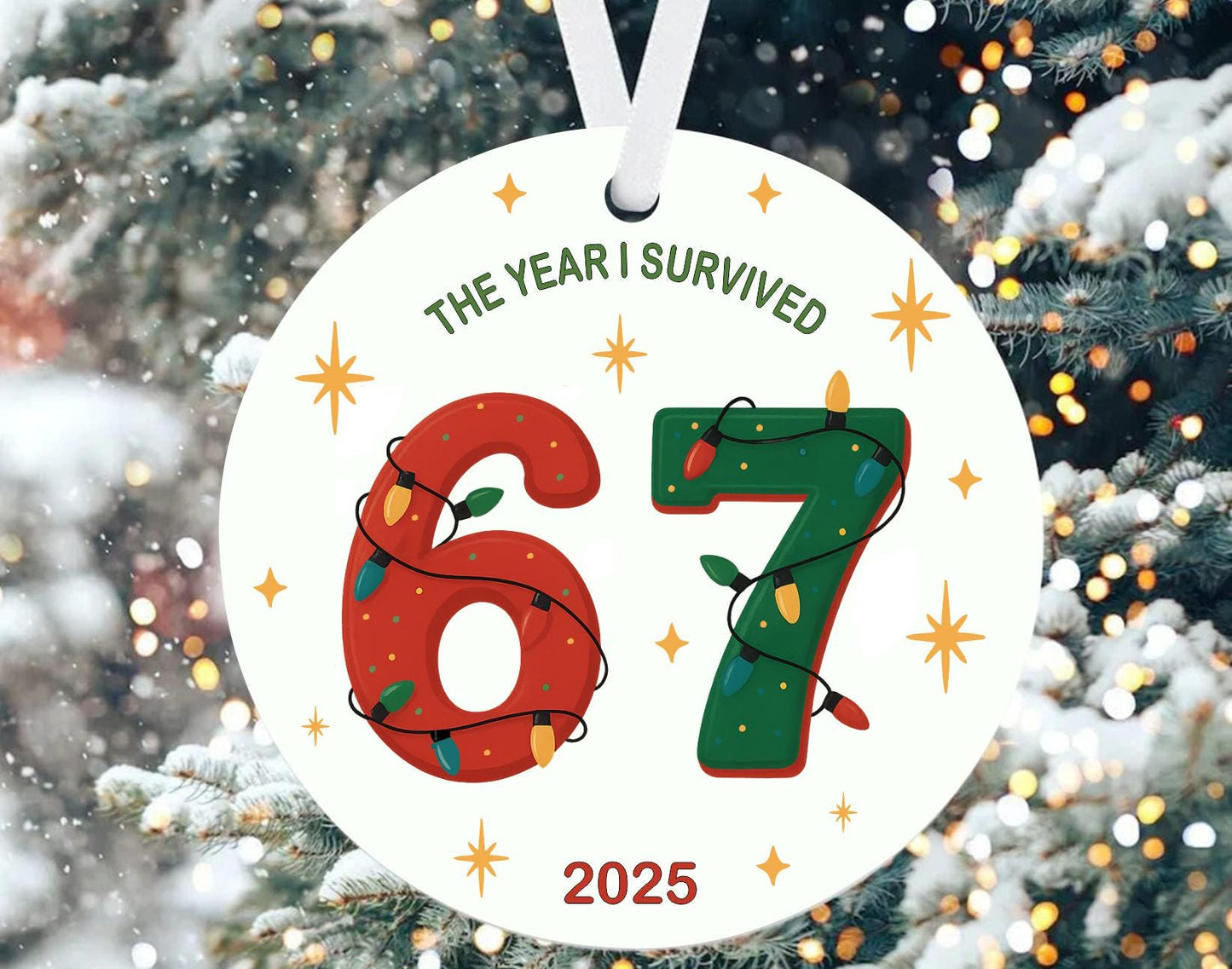 Funny 'The Year I Survived 6 7' Christmas Ornament, Gen Z Humor