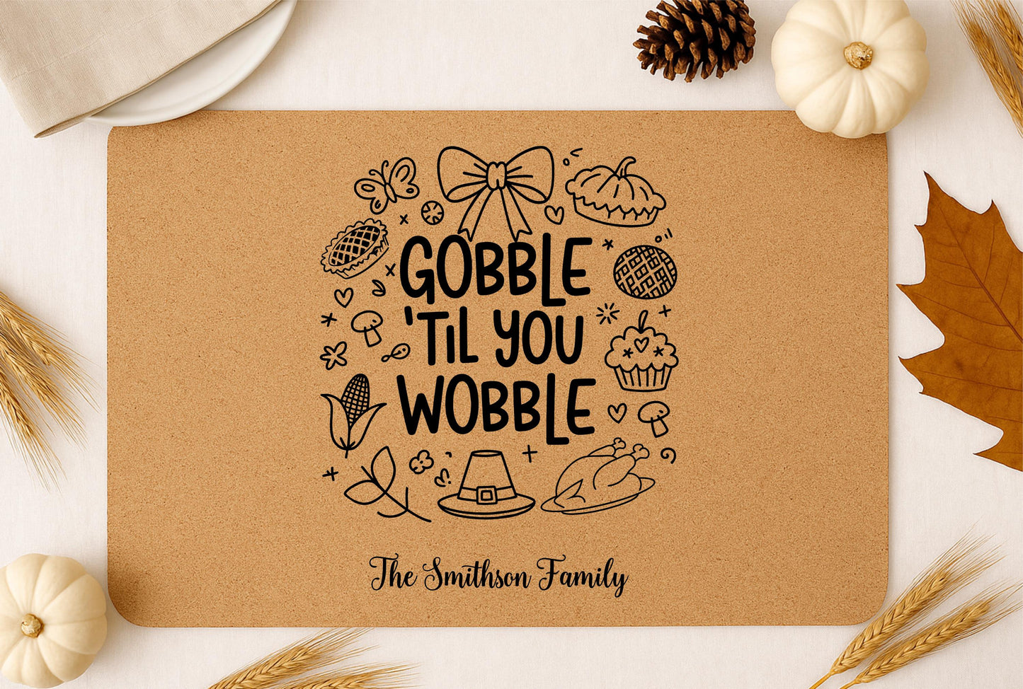 Personalized Thanksgiving Cork Placemat, Custom Family Name Table Mat | Thanksgiving Gift