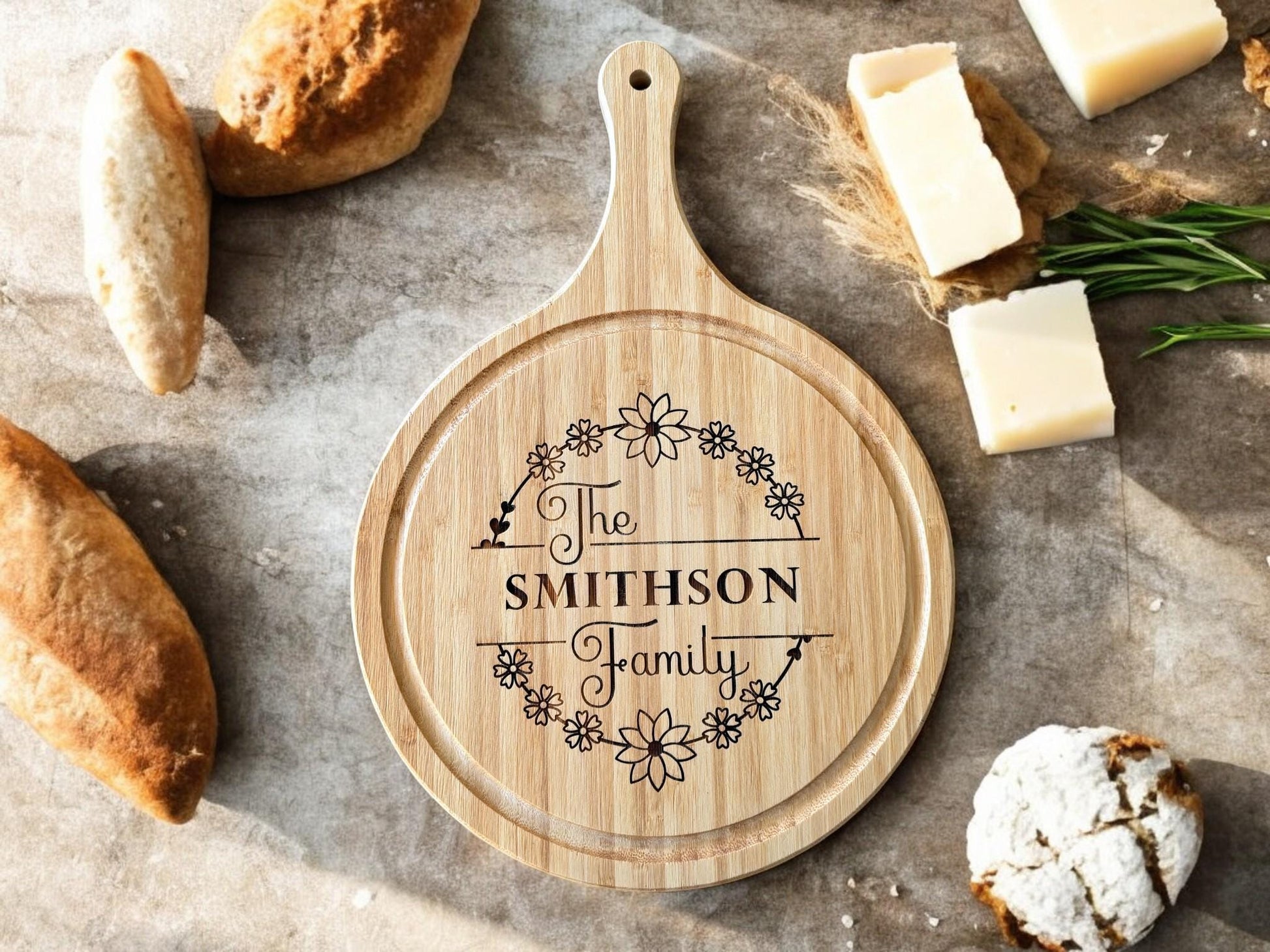 Personalized Bamboo Handled Cutting Board, Engraved Charcuterie Board, Housewarming Present, Engagement Gifts