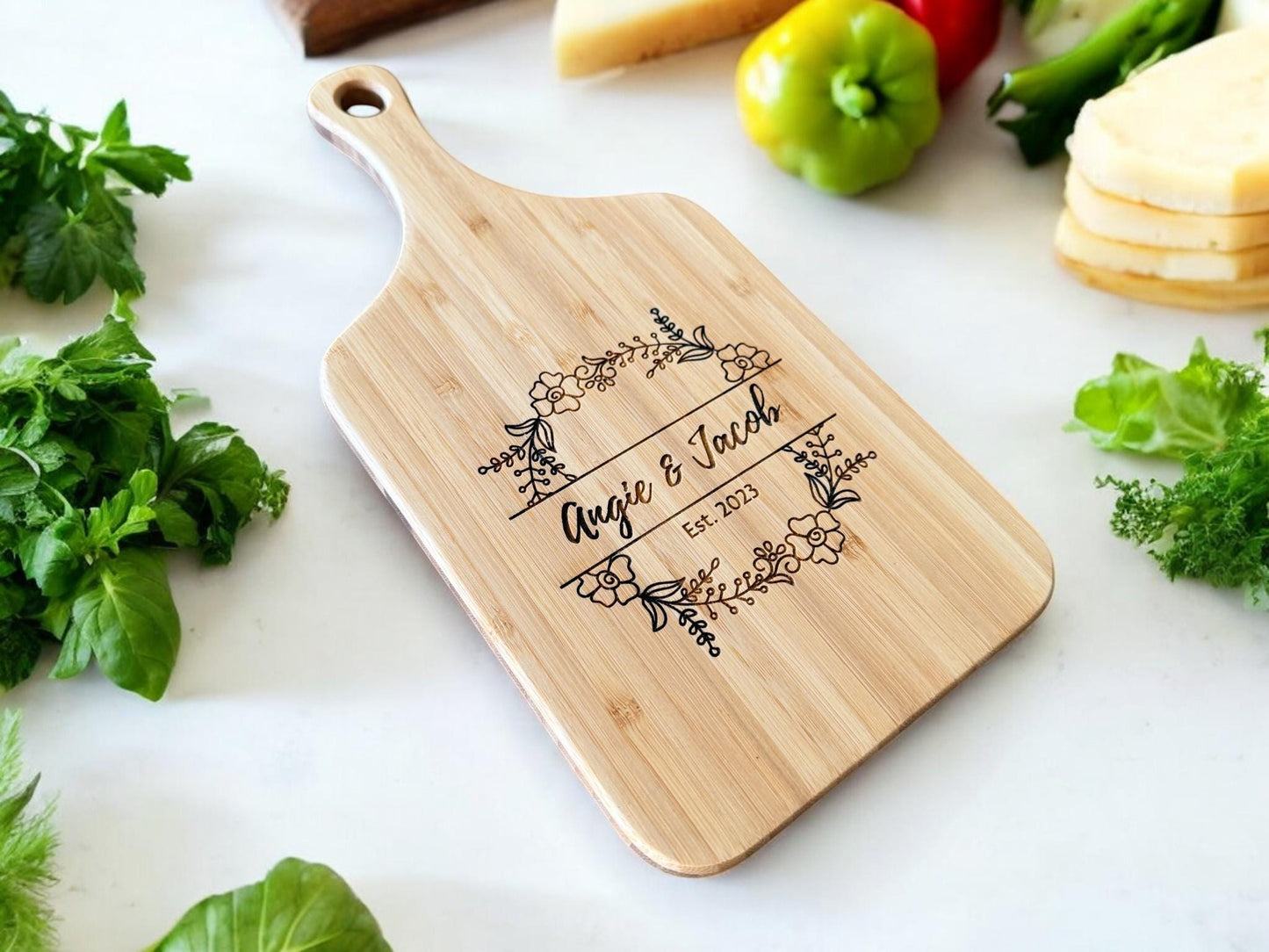 Personalized Bamboo Handled Cutting Board, Engraved Charcuterie Board, Housewarming Present, Engagement Gifts