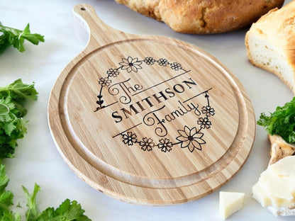 Personalized Bamboo Handled Cutting Board, Engraved Charcuterie Board, Housewarming Present, Engagement Gifts