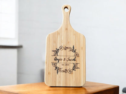 Personalized Bamboo Handled Cutting Board, Engraved Charcuterie Board, Anniversary Gift, Couple Gift