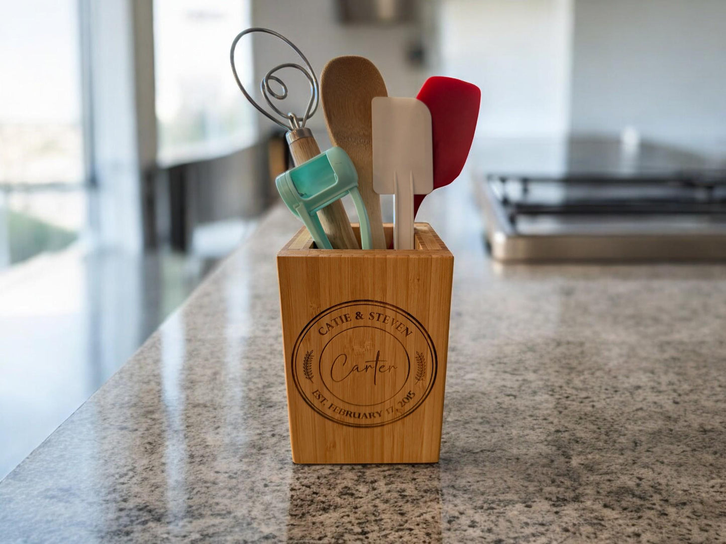 Monogrammed Bamboo Utensil Holder, Personalized Kitchen Utensil Organizer, Wedding Gift