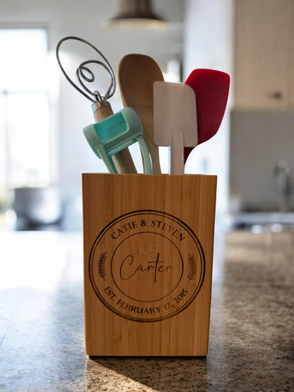 Monogrammed Bamboo Utensil Holder, Personalized Kitchen Utensil Organizer, Wedding Gift