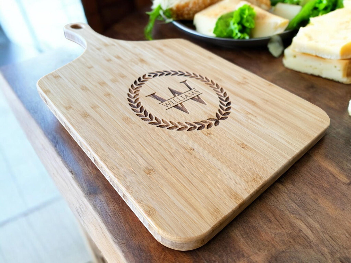 Personalized Bamboo Handled Cutting Board, Engraved Charcuterie Board, Wedding Gift, Housewarming Present