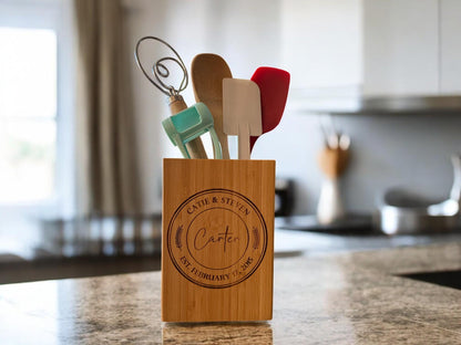 Monogrammed Bamboo Utensil Holder, Personalized Kitchen Utensil Organizer, Wedding Gift