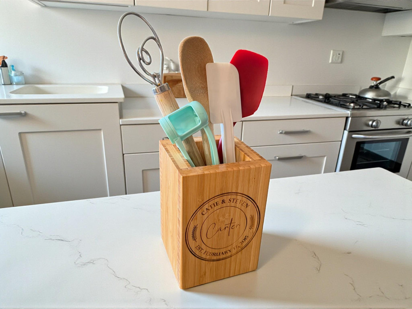Monogrammed Bamboo Utensil Holder, Personalized Kitchen Utensil Organizer, Wedding Gift