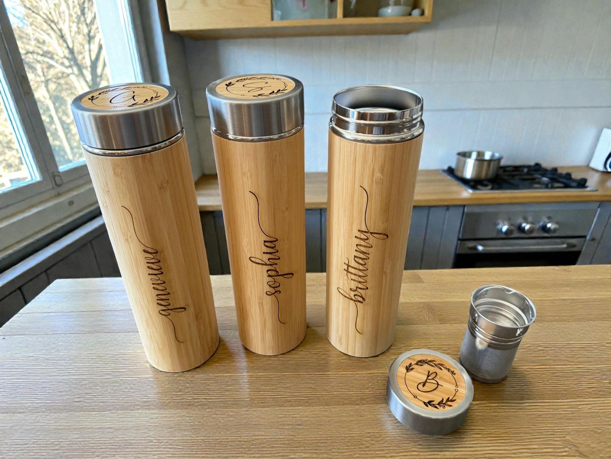Custom Etched Bamboo Water Bottle, Personalized Stainless Steel Thermos
