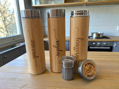 Custom Etched Bamboo Water Bottle, Personalized Stainless Steel Thermos