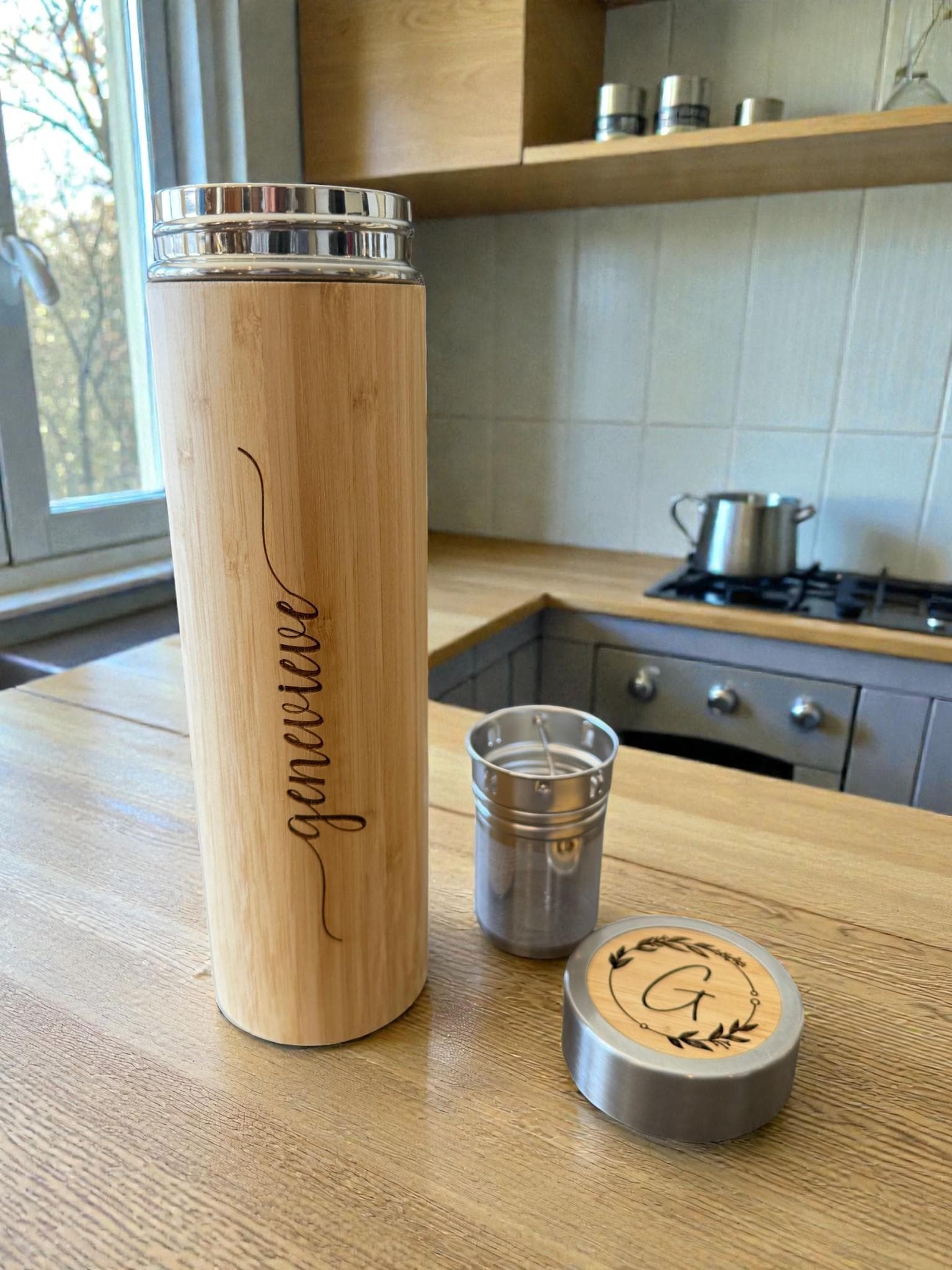 Custom Etched Bamboo Water Bottle, Personalized Stainless Steel Thermos