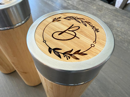 Custom Etched Bamboo Water Bottle, Personalized Stainless Steel Thermos