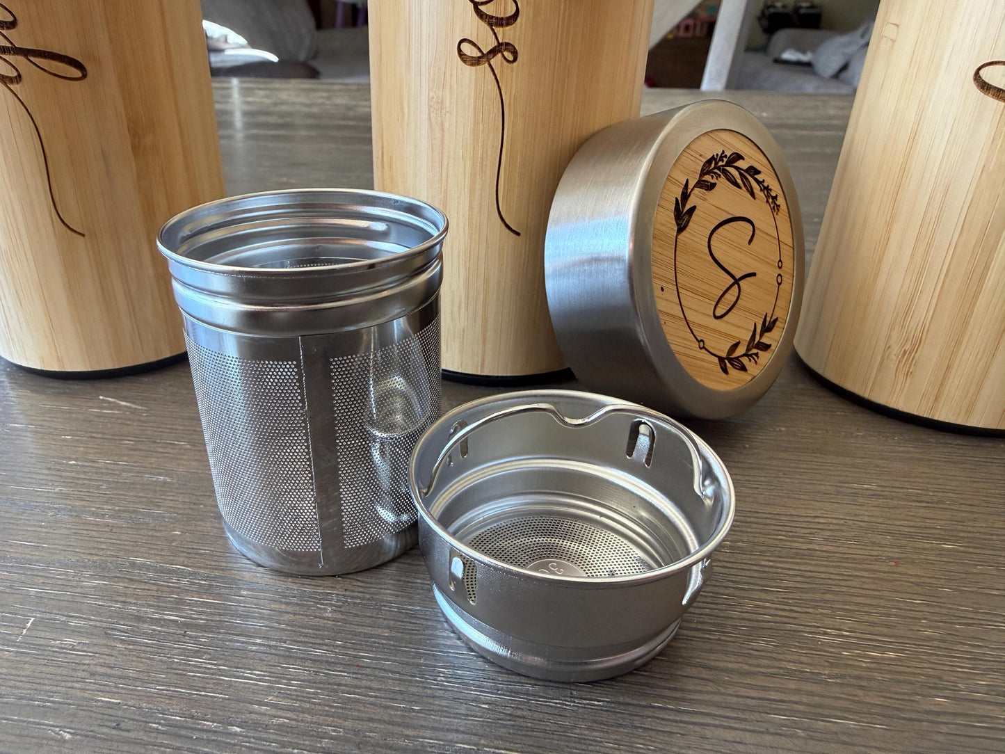 Custom Etched Bamboo Water Bottle, Personalized Stainless Steel Thermos