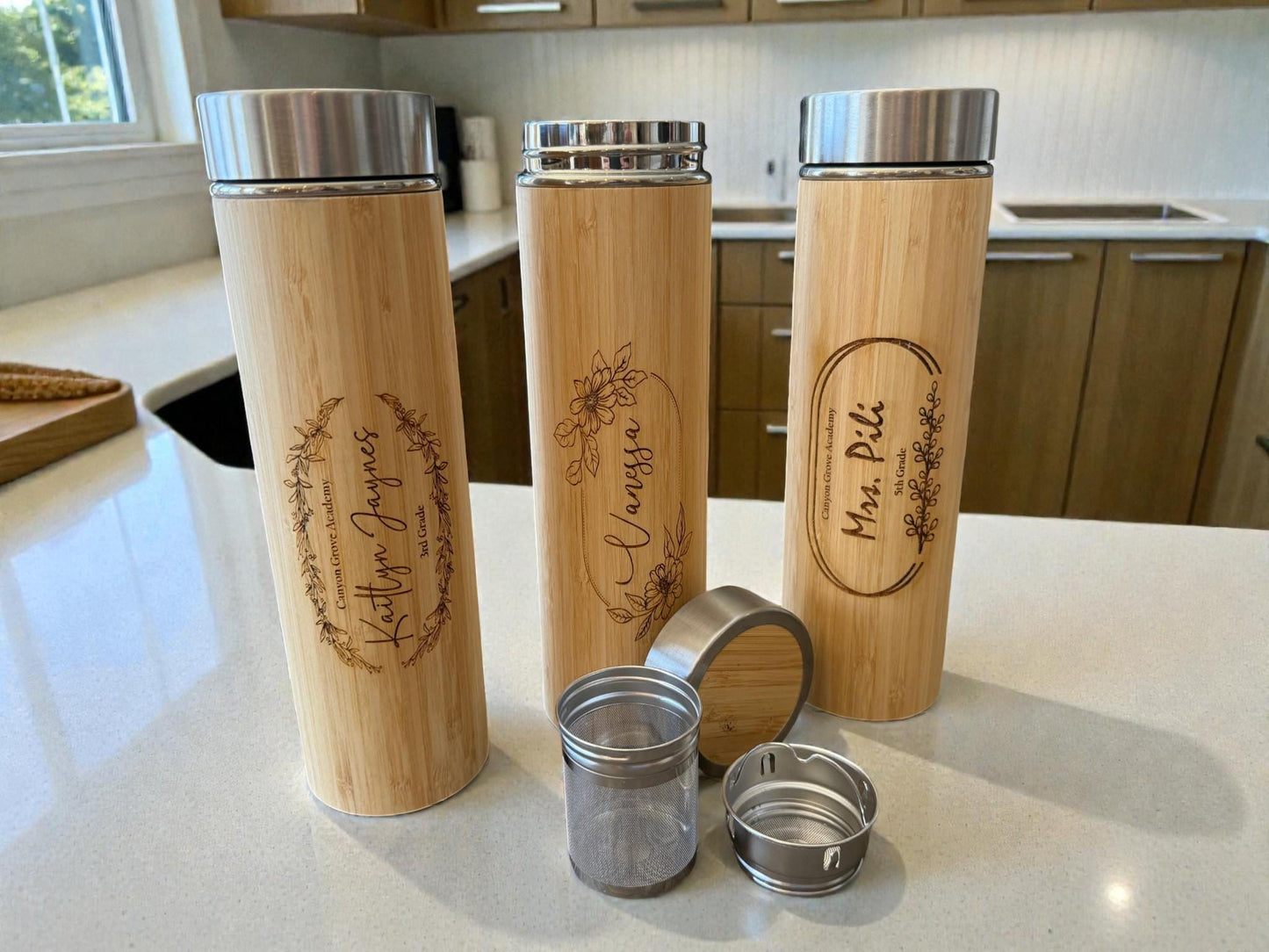 Personalized Bamboo Teacher Appreciation Water Bottle, Stainless Steel Thermos