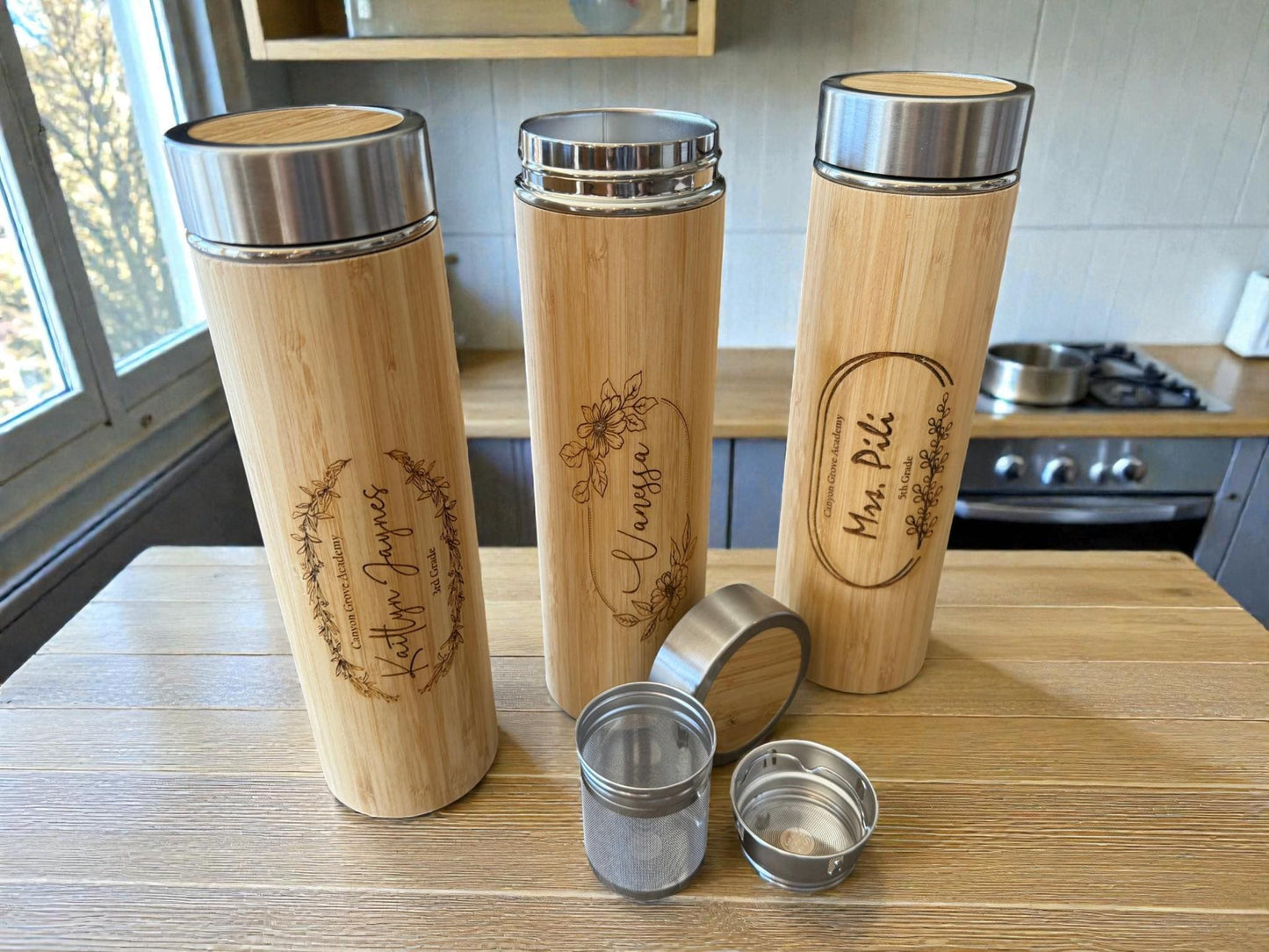 Personalized Bamboo Teacher Appreciation Water Bottle, Stainless Steel Thermos