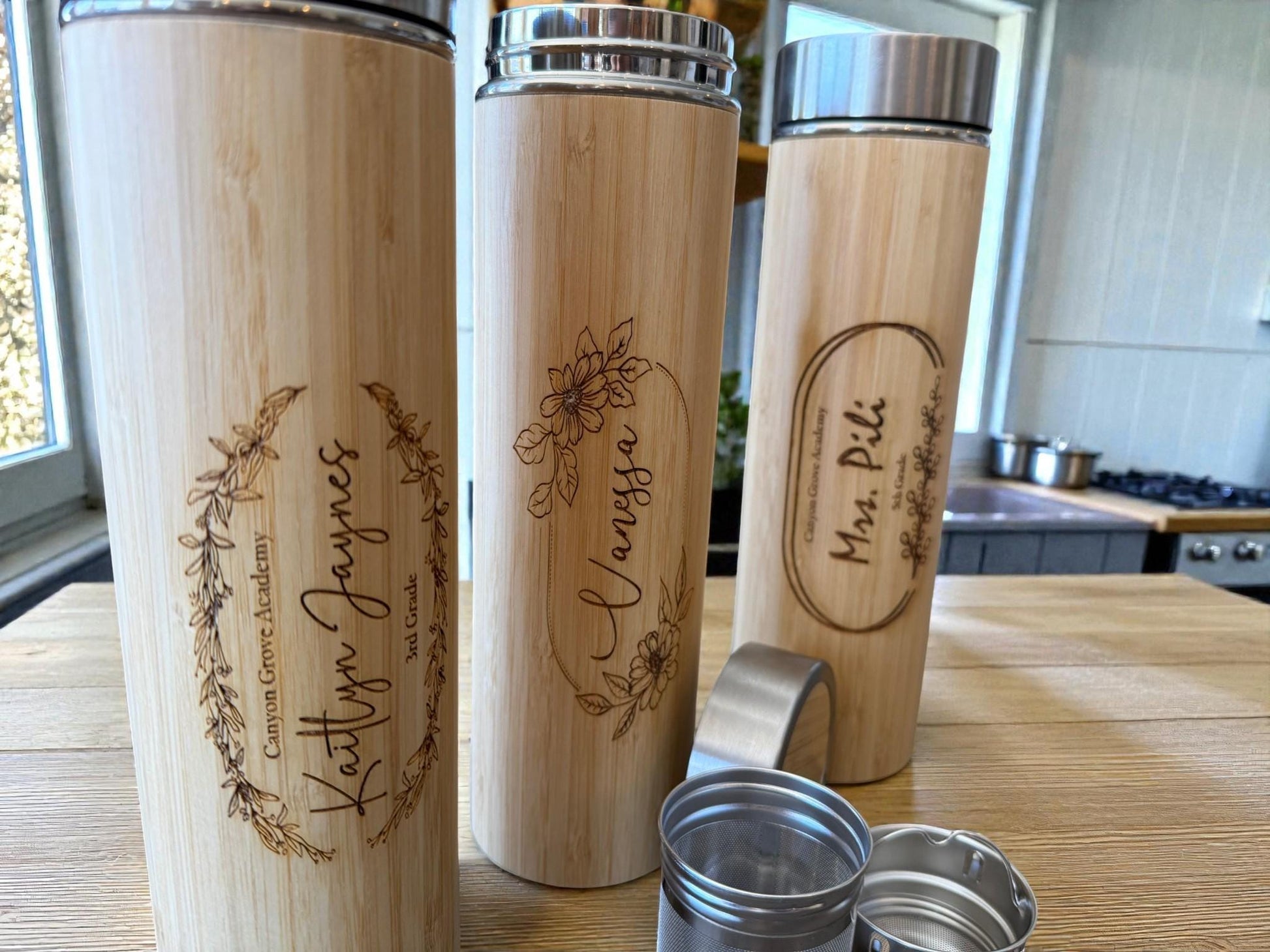 Personalized Bamboo Teacher Appreciation Water Bottle, Stainless Steel Thermos