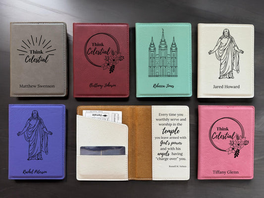 Personalized LDS temple recommend and ordinance card holders in multiple colors and designs, each with name card slots and custom engraving options