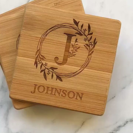 Custom Bamboo Coasters, Monogrammed Coasters Wedding Gift, Anniversary Gift Coasters