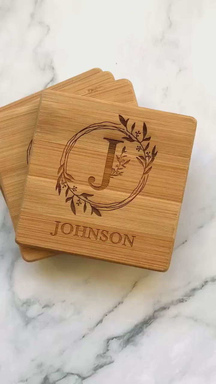 Custom Bamboo Coasters, Monogrammed Coasters Wedding Gift, Anniversary Gift Coasters