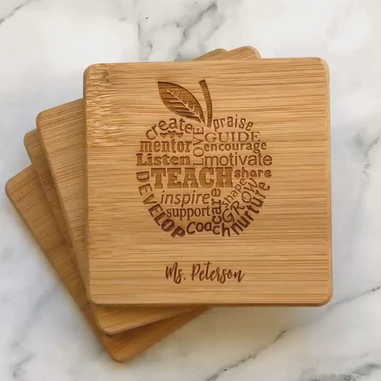 Custom Laser Engraved Teacher Appreciation Bamboo Coasters