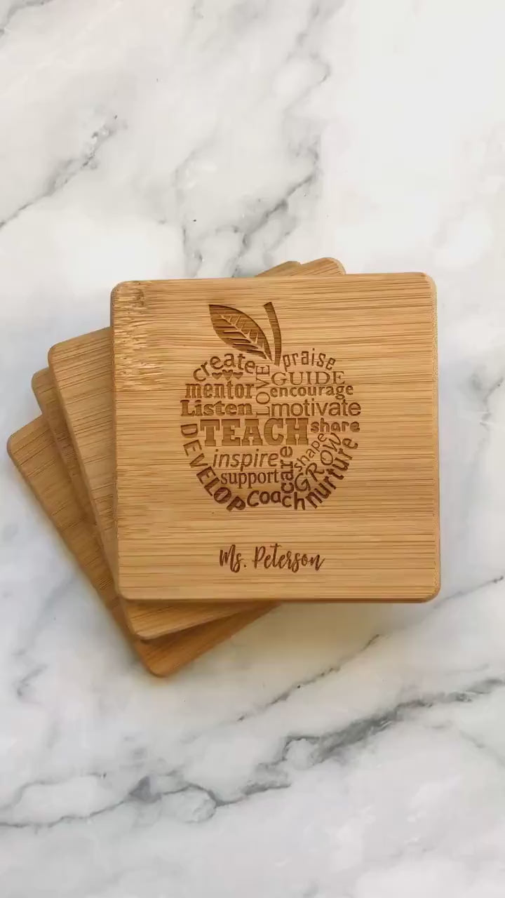 Custom Laser Engraved Teacher Appreciation Bamboo Coasters