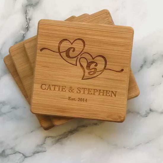 Custom Bamboo Coasters, Monogrammed Coasters Wedding Gift, Anniversary Gift Coasters