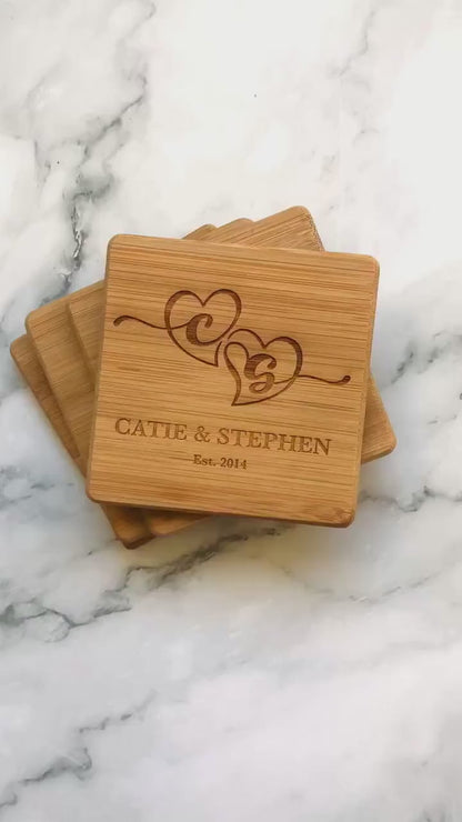Custom Bamboo Coasters, Monogrammed Coasters Wedding Gift, Anniversary Gift Coasters